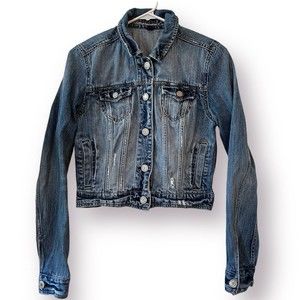American Eagle Medium Rugged Distressed Blue Denim Cropped Jean Jacket
